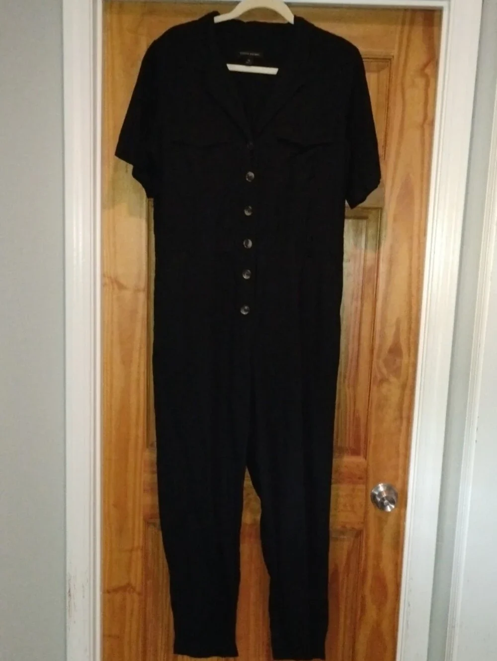 Banana Republic Black Short-Sleeve Button-Front Utility Jumpsuit Linen/Cotton